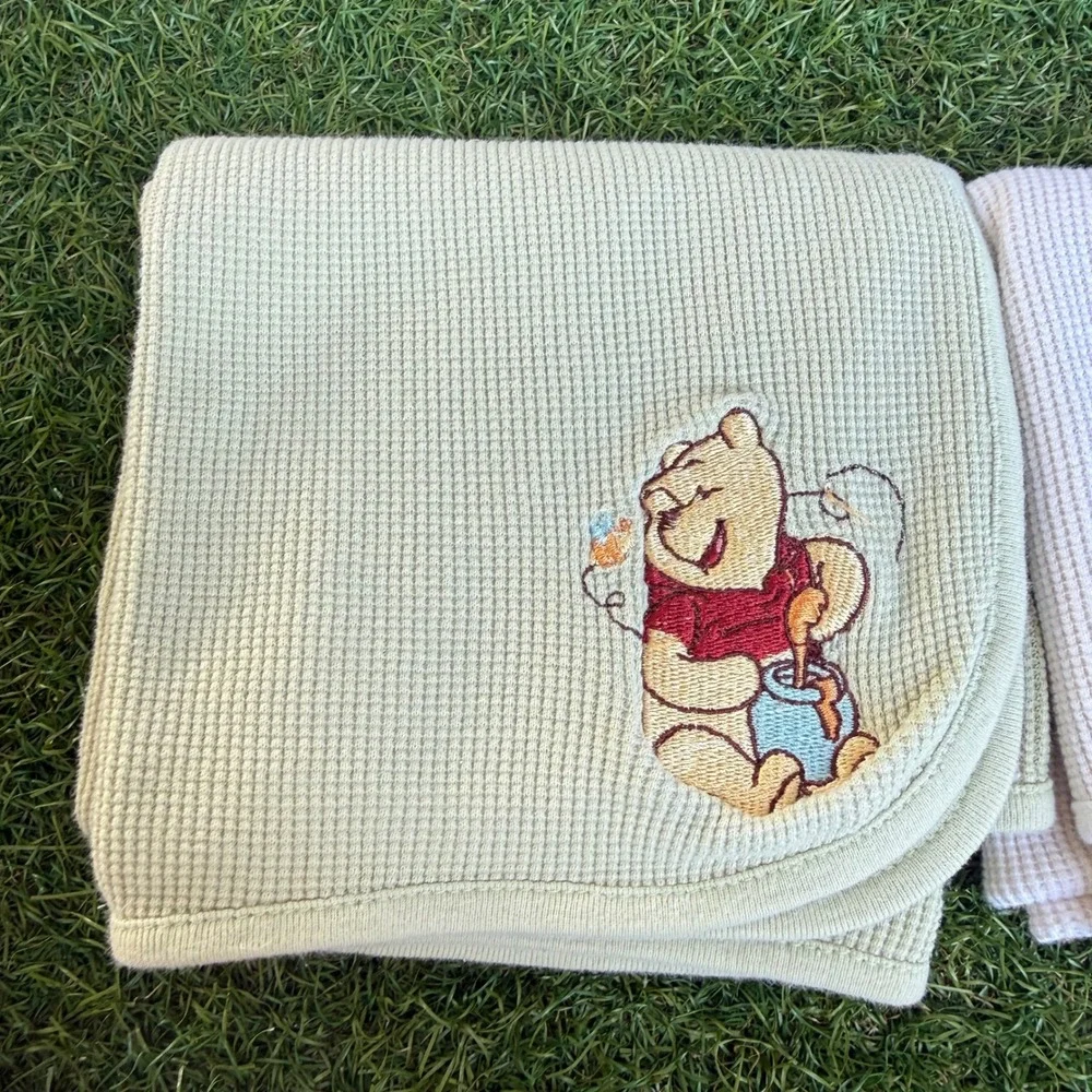 Vtg 90s Disney Winnie the Pooh Piglet Waffle Knit Baby Blanket Set 28x24 Kidcore